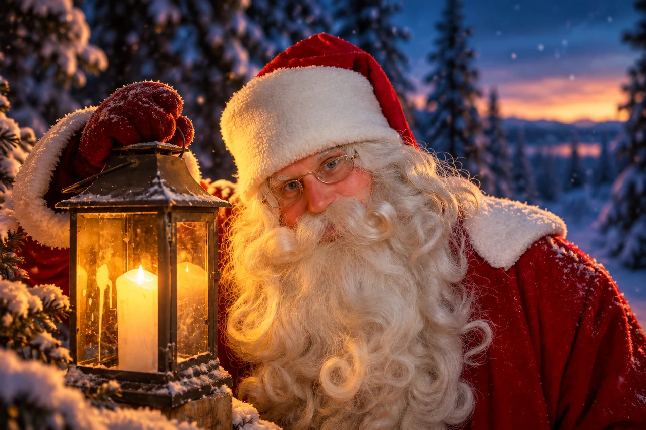 Papá Noel con una linterna encendida junto a árboles cubiertos de nieve al anochecer en Laponia