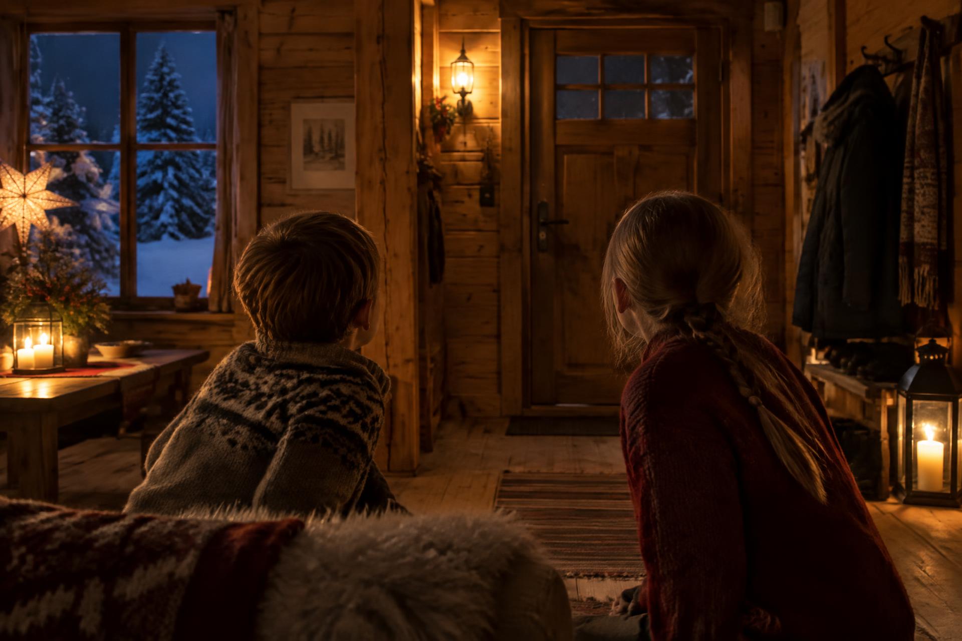 Children inside a warm Lapland cabin turning to look towards the front door