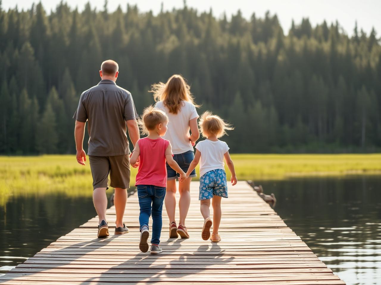 A family playing on a sandy lake beach in Finland on a sunny summer day