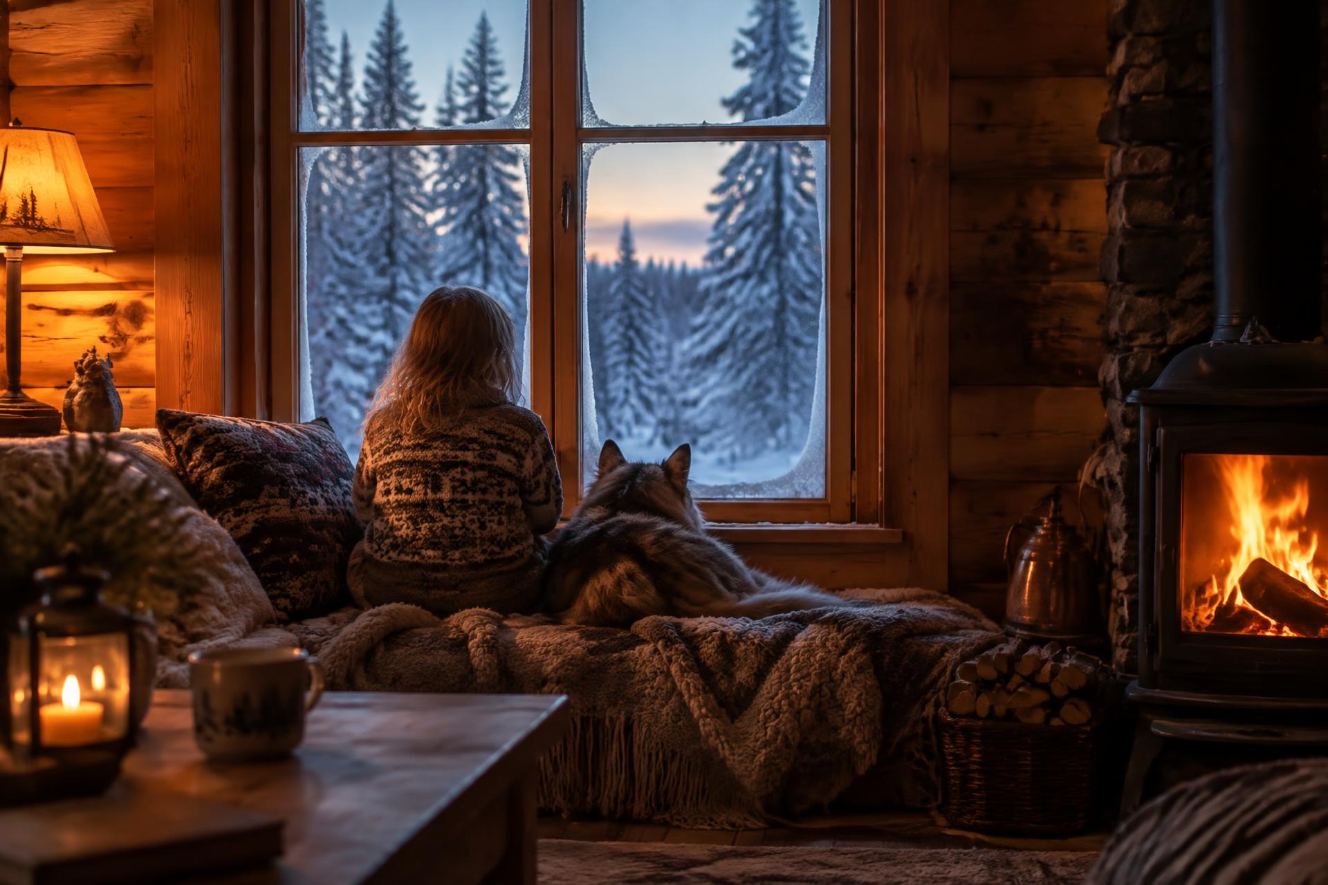 Warm timber cabin interior in the evening with a wood fire and a child looking out at snowy forest
