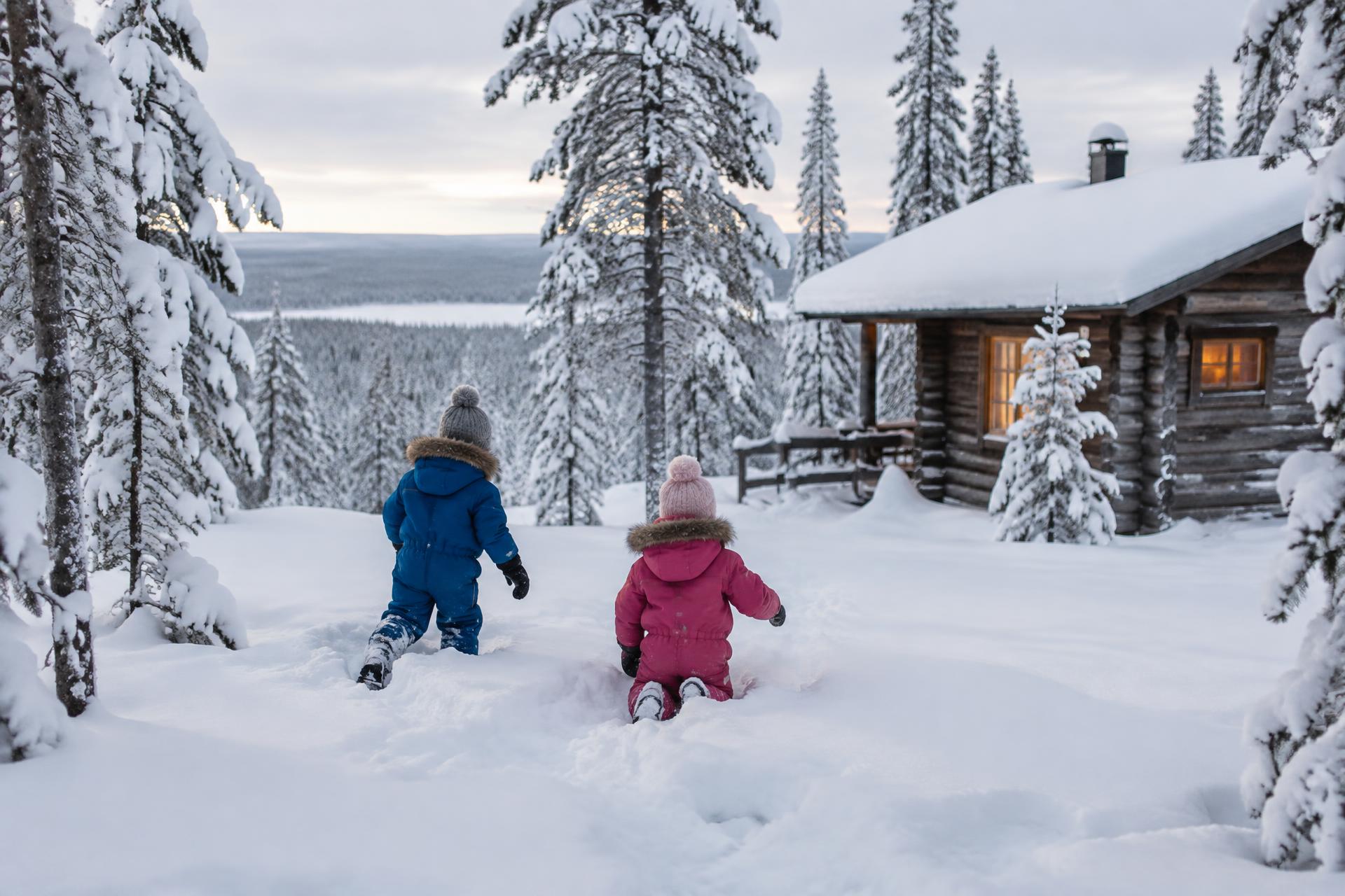 Two children in winter overalls playing in deep snow outside a Lapland cabin