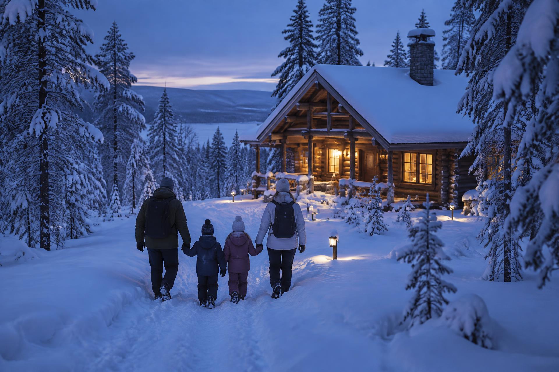 A family walking through deep snow towards a warmly lit log cabin in Finnish Lapland at blue hour