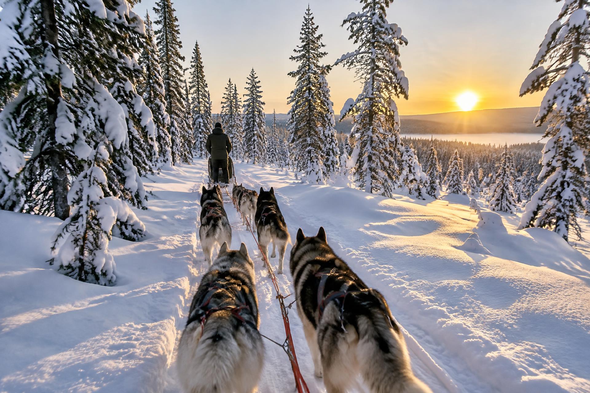 A husky team pulling a sled along a snowy forest trail in Lapland at sunrise