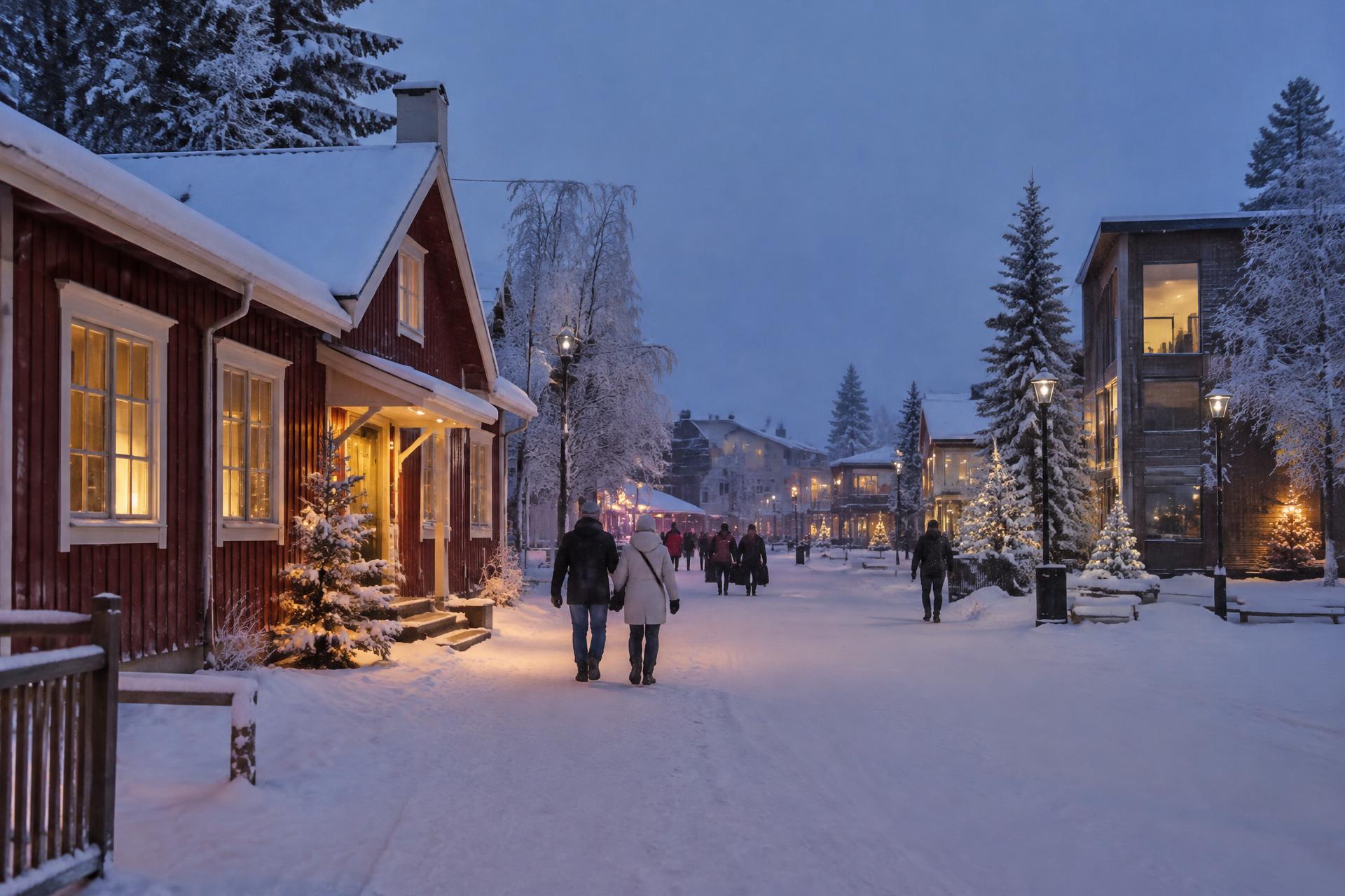 Snow-covered street with warmly lit wooden buildings in the Rovaniemi area at dusk