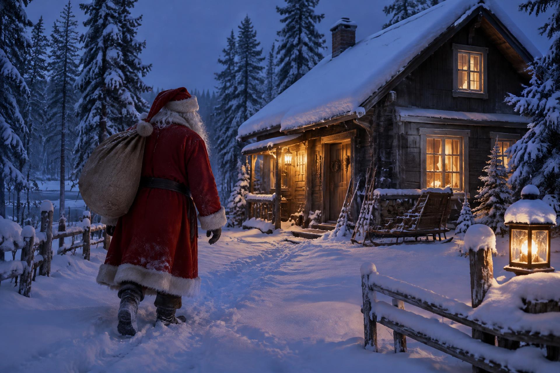 Santa walking through deep snow towards a warmly lit wooden cabin in Lapland at blue hour