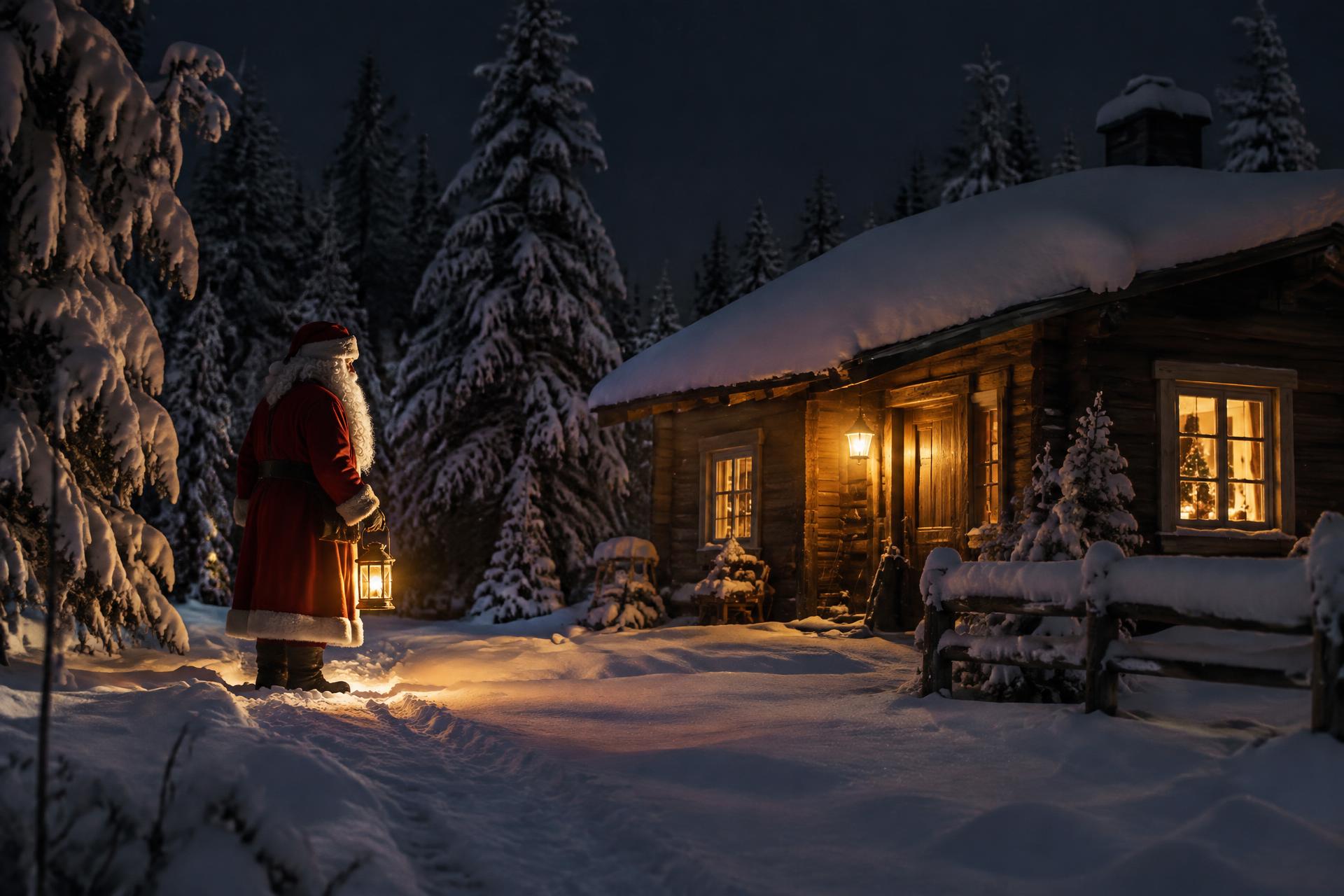 Santa standing with a lantern outside a snow-covered Finnish cabin at night