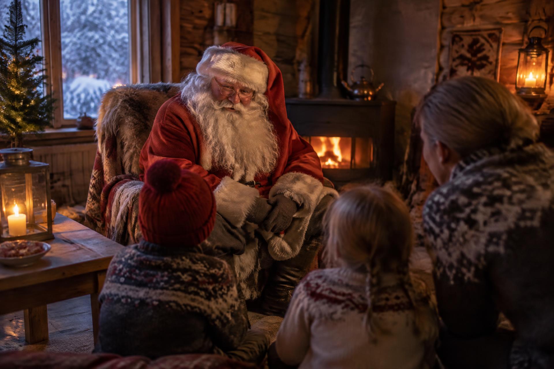 Santa sitting and talking with a family beside the fire in a warm Nordic cabin