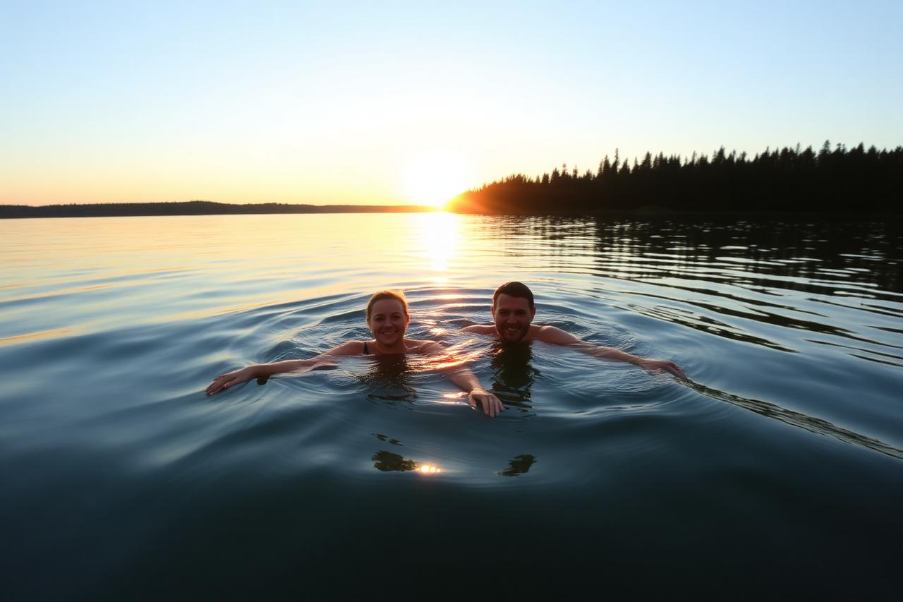 Two people swimming in a calm Finnish lake as the sun sits low over the forest